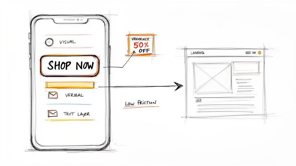 A sketch shows a mobile ad with a 'SHOP NOW' button, a 50% off urgency callout, leading to a low-friction landing page.