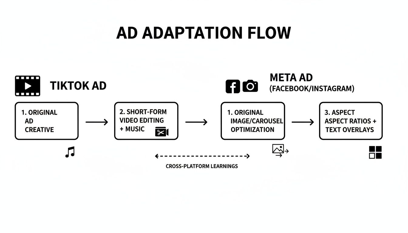 Flowchart illustrating the ad adaptation process for TikTok and Meta, including creative editing and cross-platform learnings.