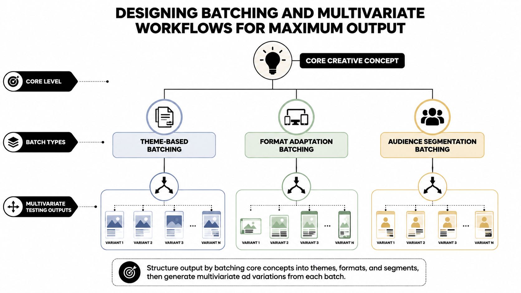 A diagram illustrating a strategy for designing batching and multivariate workflows to maximize creative content output.
