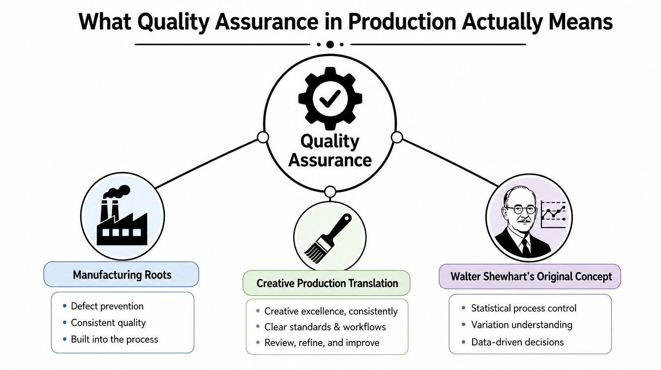 A diagram explaining the meaning of quality assurance in production, covering manufacturing, creative workflows, and Shewhart.