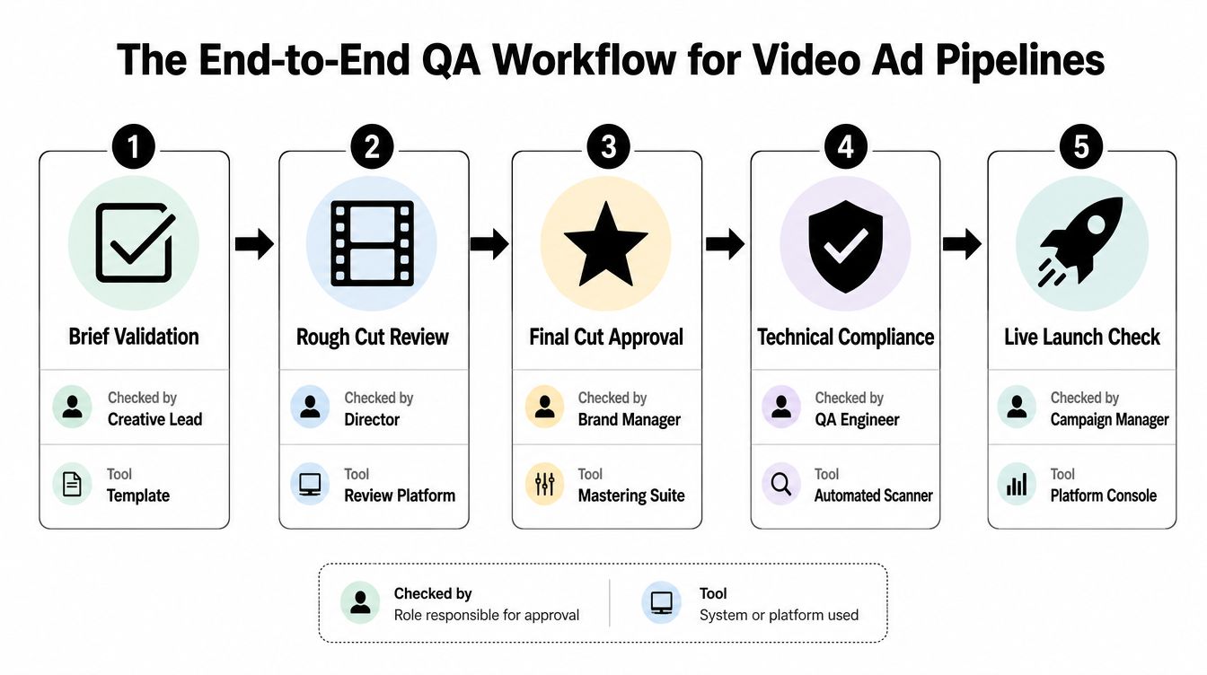 A five-step flowchart illustrating the end-to-end quality assurance workflow for video advertisement pipelines, including key roles and tools.