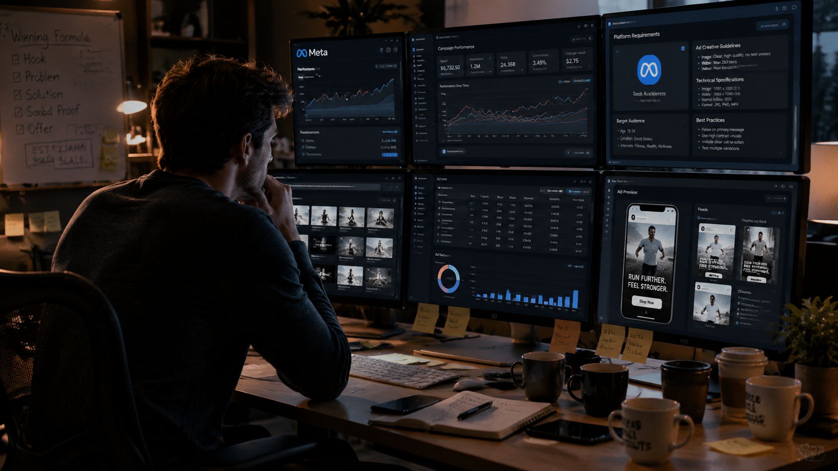 A focused man analyzing digital marketing data and video editing metrics across multiple computer monitors at night.
