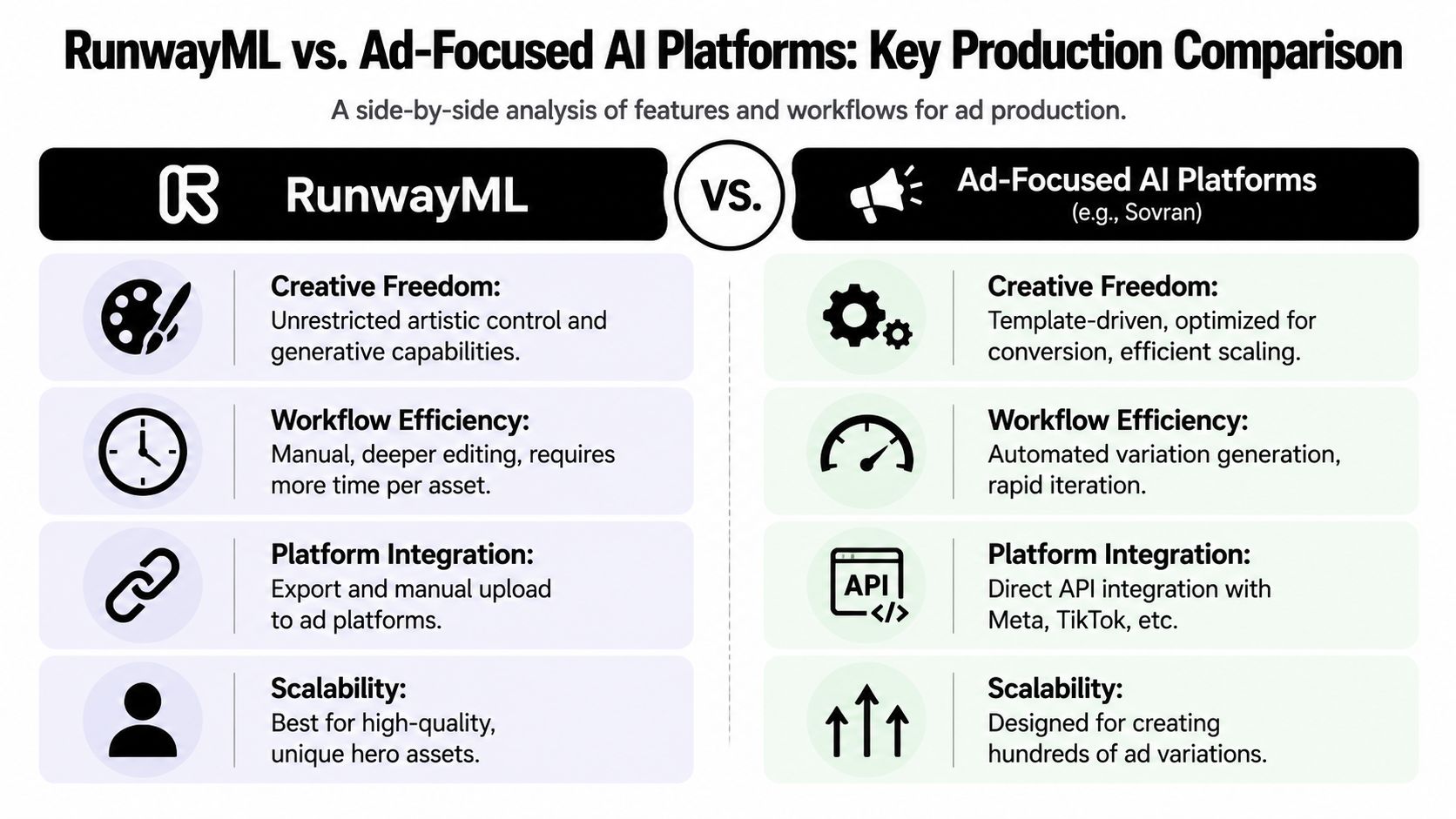A comparison chart showing differences between RunwayML and ad-focused AI platforms regarding creativity, efficiency, and scalability.