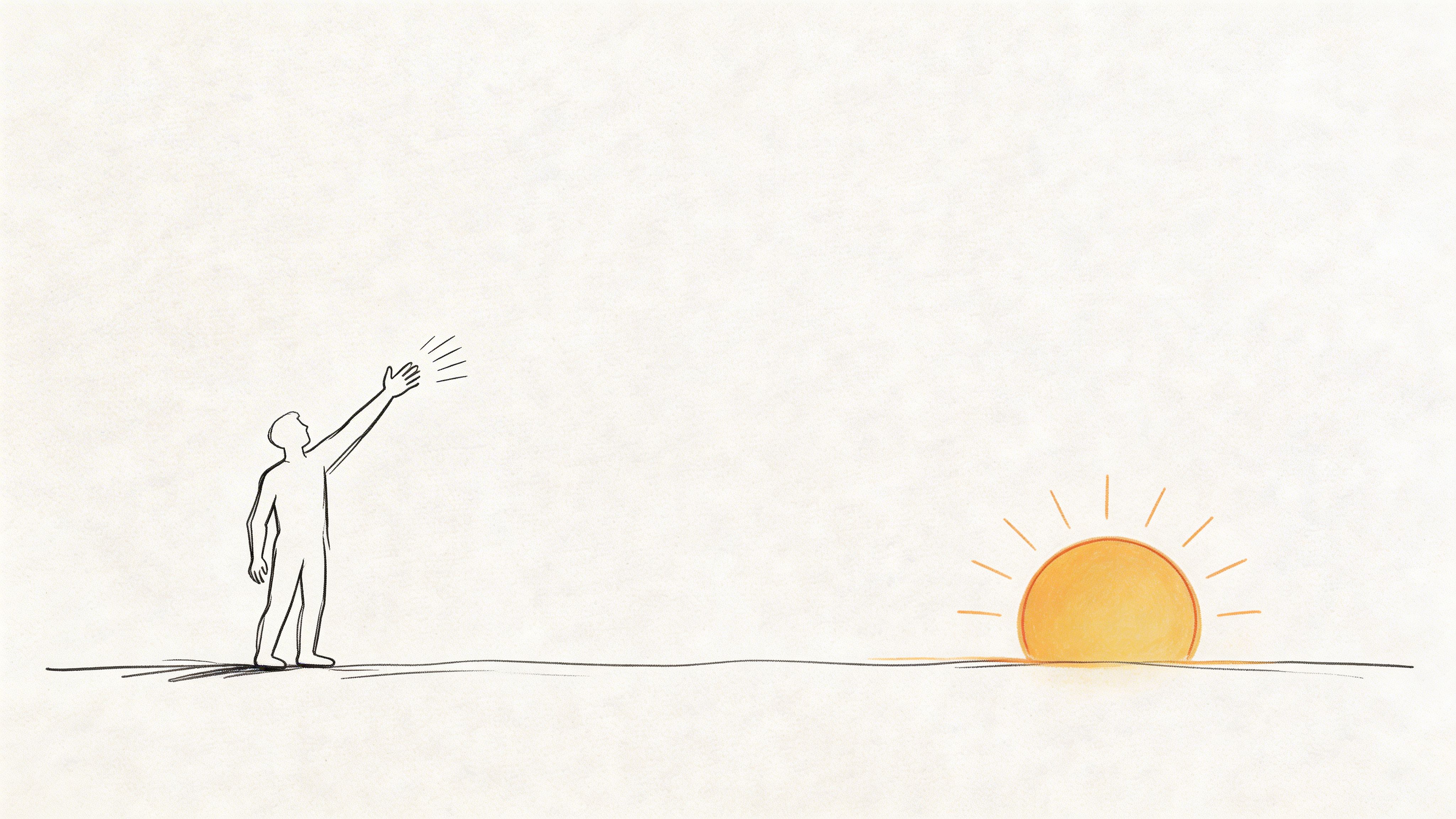 A minimalist line drawing of a person reaching towards a rising sun on the horizon.