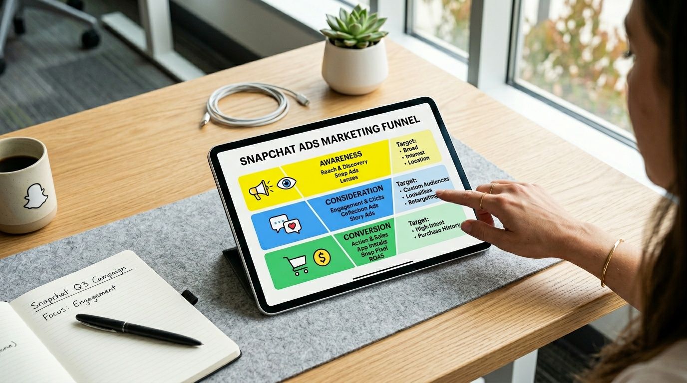 A person pointing at a Snapchat ads marketing funnel diagram displayed on a tablet screen.
