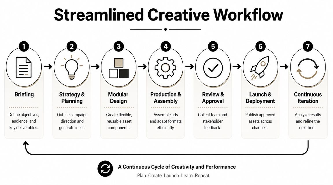 A seven-step diagram showing a streamlined creative workflow for efficient marketing and ad production cycles.
