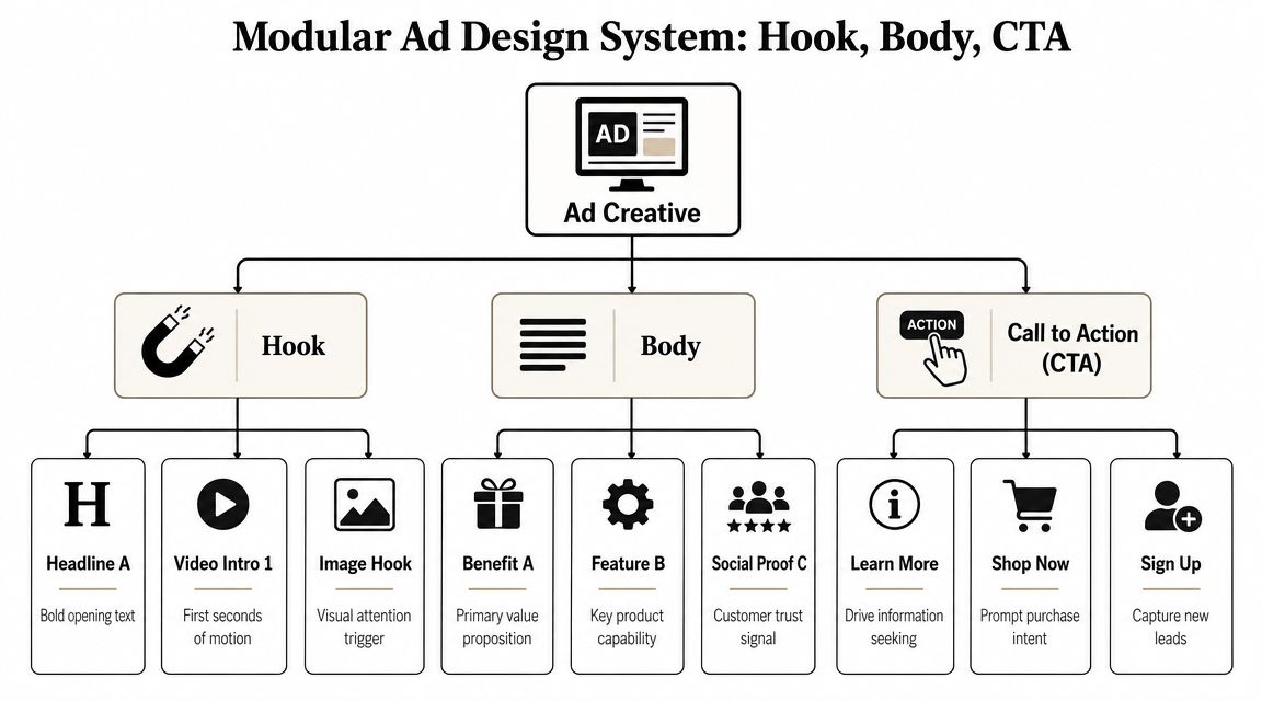 A diagram illustrating a modular ad design system composed of a hook, body, and call to action.