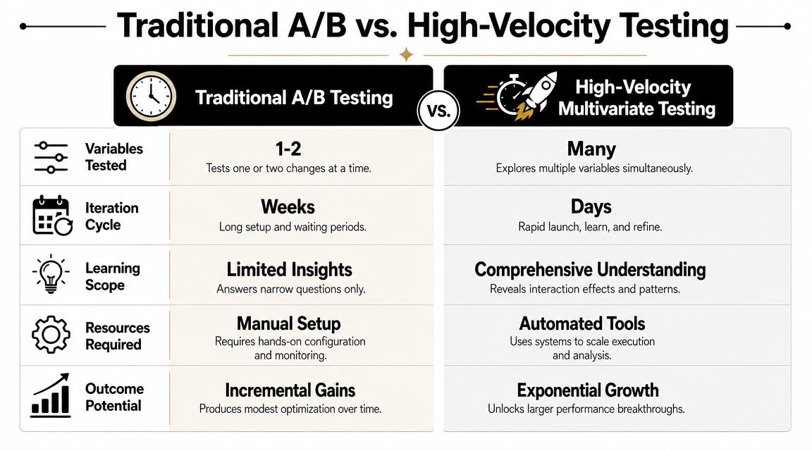 A comparison chart showing the differences between traditional A/B testing and high-velocity multivariate testing for marketers.