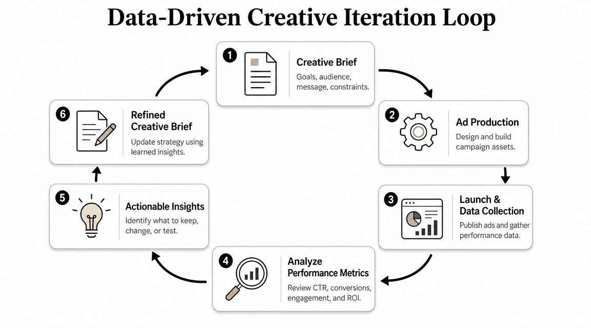A circular diagram illustrating a six-step data-driven creative iteration loop for optimizing advertising campaign performance.