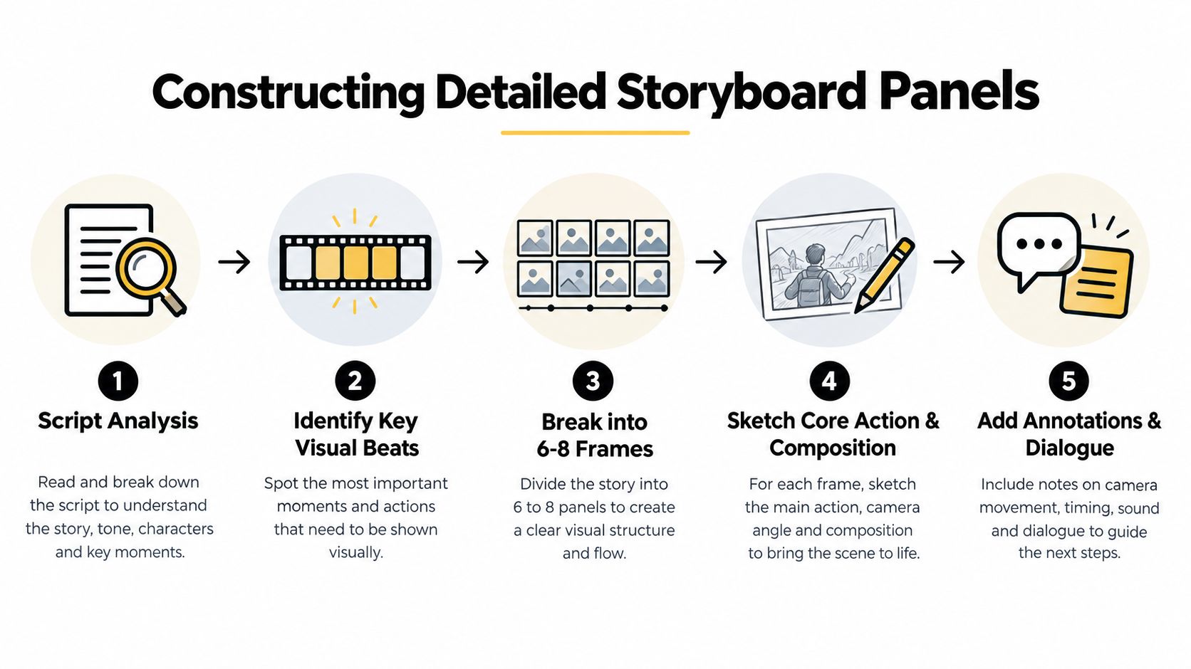 A five-step infographic showing the process of constructing detailed storyboard panels from script analysis to final annotations.