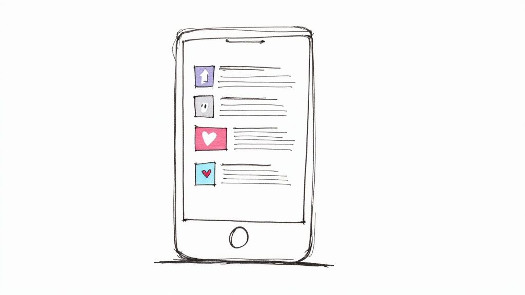 A hand-drawn sketch of a smartphone displaying a social media feed with various reaction icons and text.