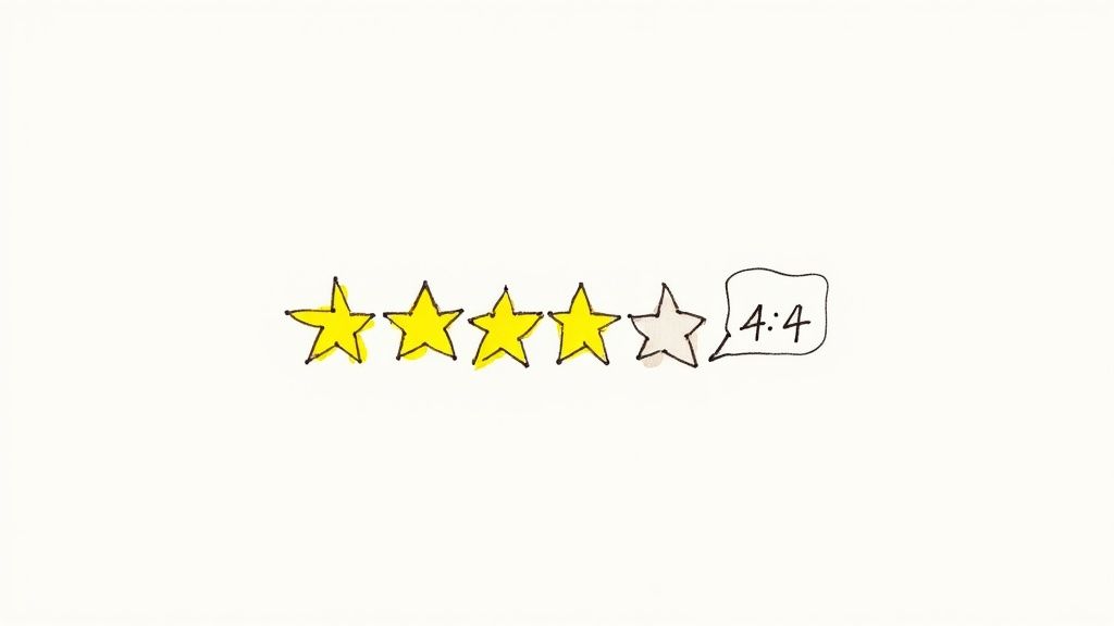 Hand-drawn illustration of four yellow stars and one empty star, representing a four-star rating with '4:4' in a speech bubble.