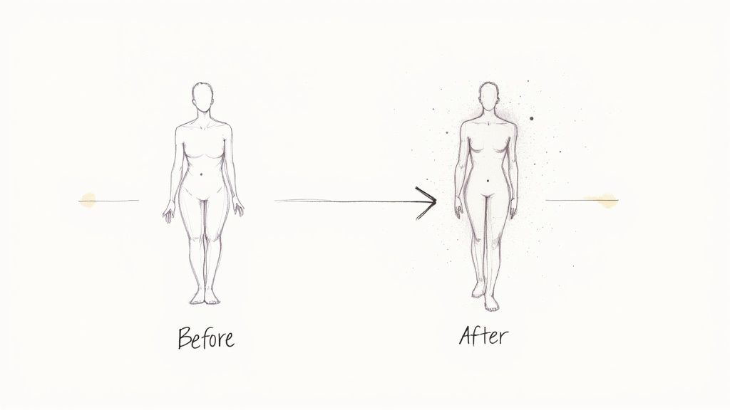 Pencil drawing of two female figures, 'Before' and 'After,' illustrating a body transformation with subtle speckles.