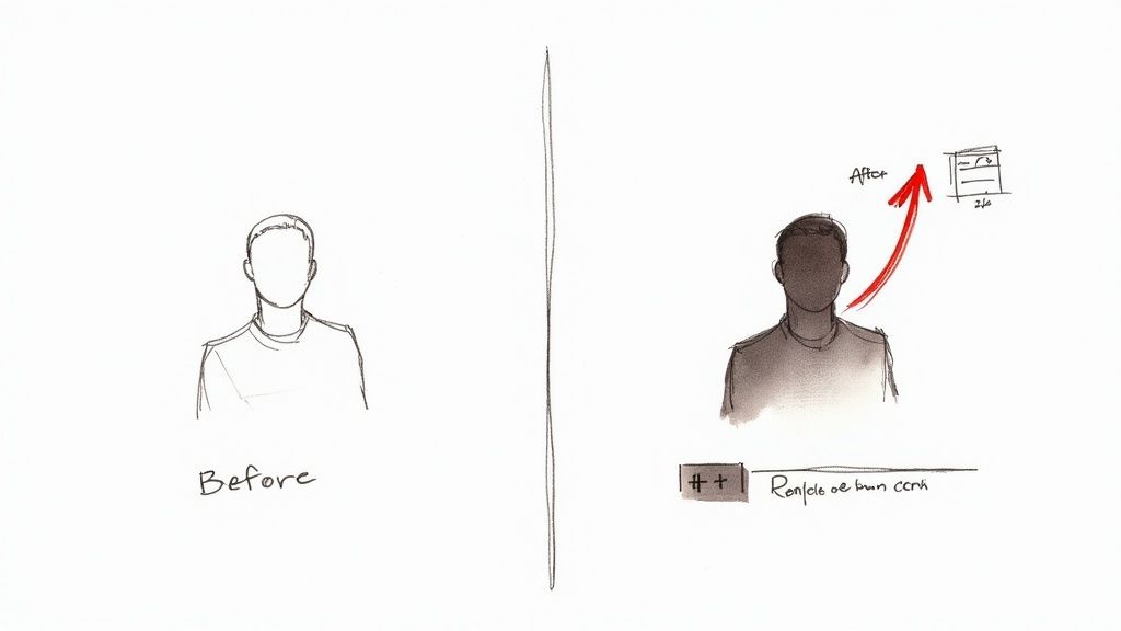 Hand-drawn sketch illustrating a person's 'before' outline and 'after' improved design linked to a UI element.