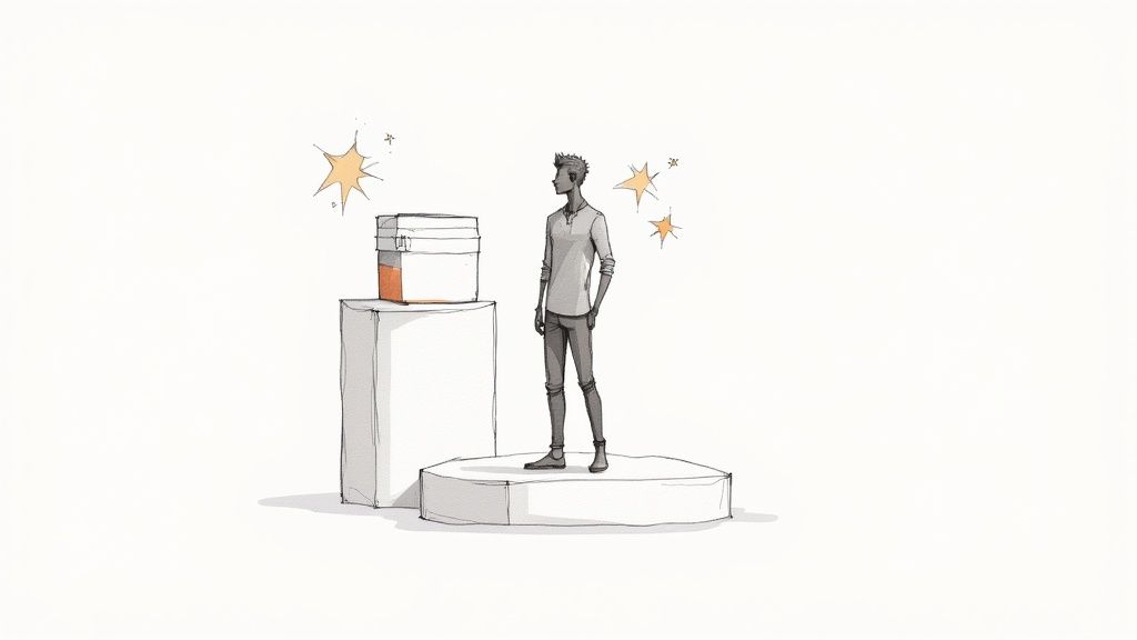 An illustration of a man on a podium looking at a product stack with glowing stars.