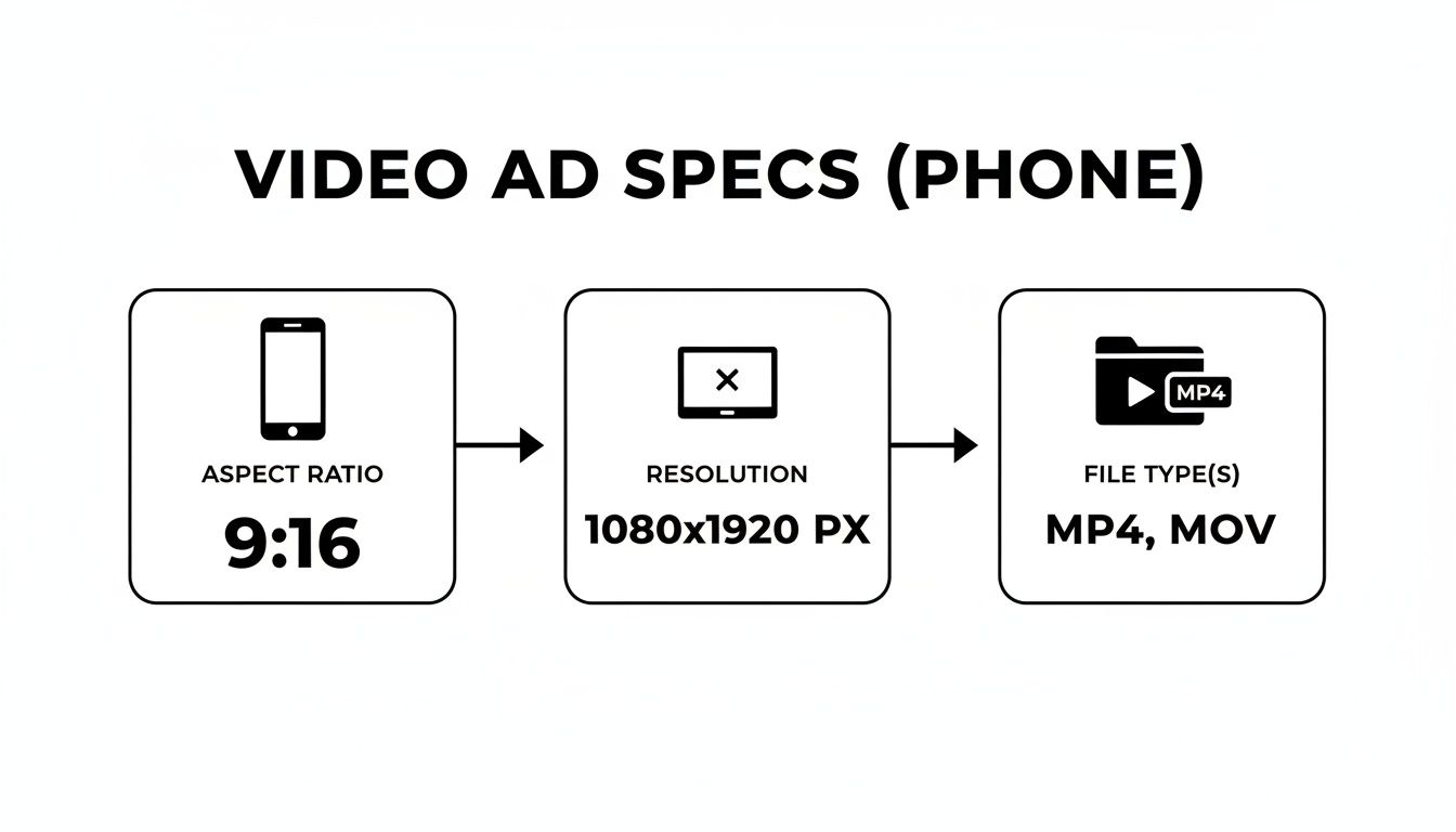 Diagram illustrating phone video ad specifications: 9:16 aspect ratio, 1080x1920 resolution, MP4 and MOV file types.