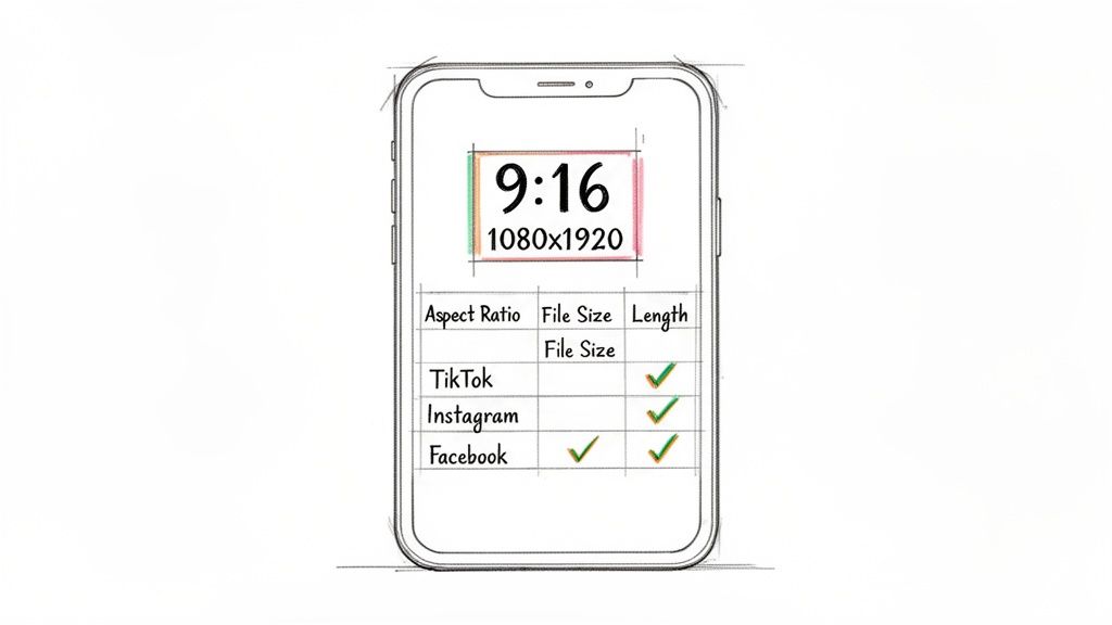 Smartphone displaying video aspect ratio 9:16 (1080x1920) and a table of social media platform compatibility for file size and length.