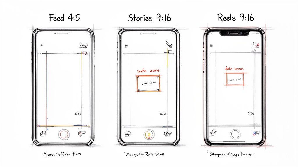 Sketches of smartphone screens showing aspect ratios and safe zones for social media video formats.