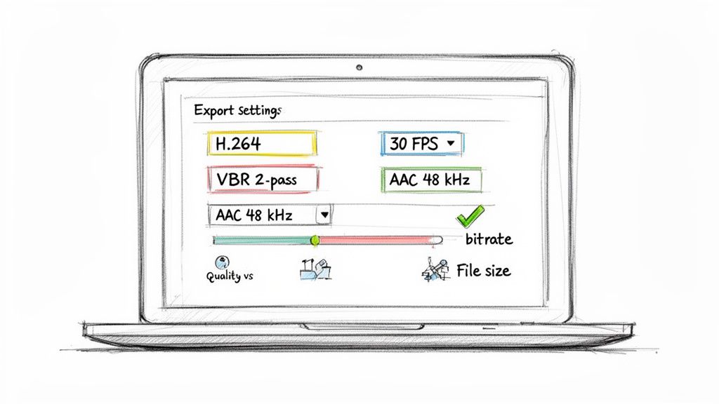 A sketch of a laptop displaying video export settings with options like H.264, 30 FPS, and a bitrate slider.