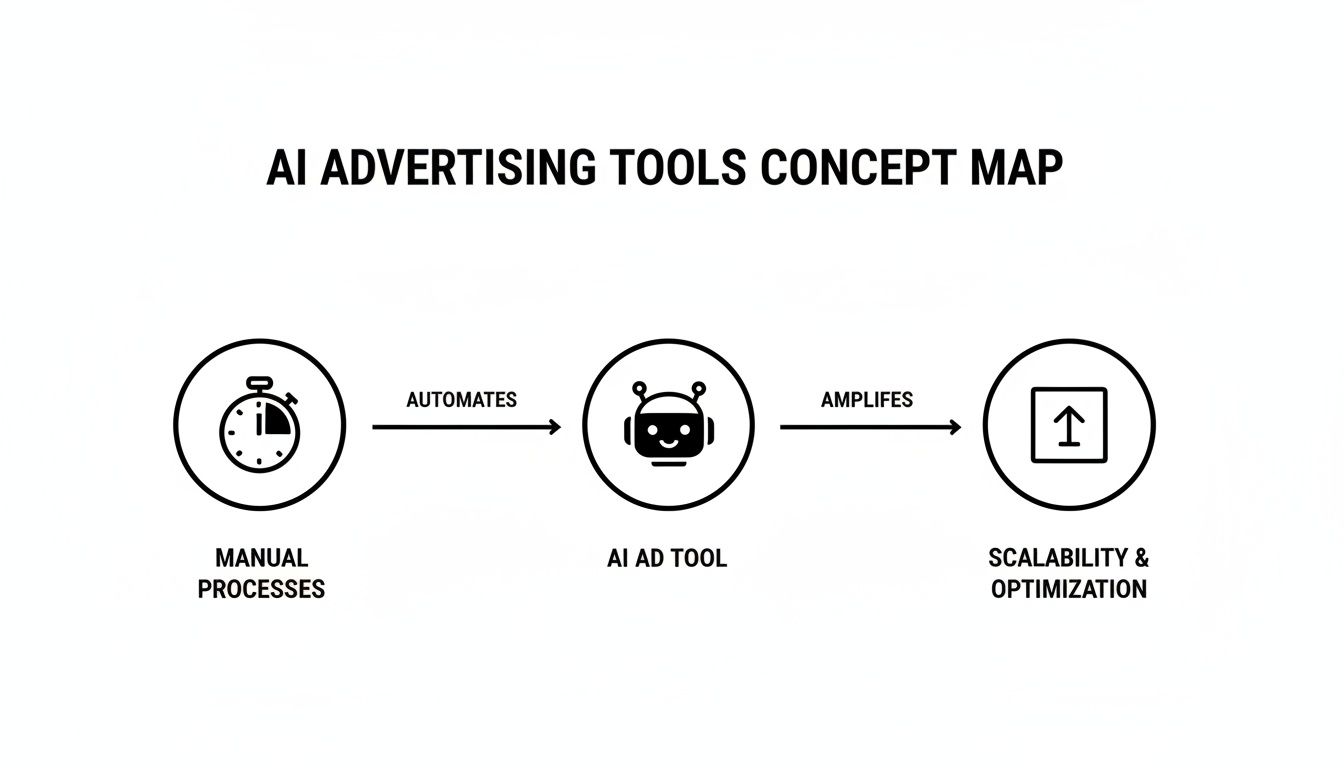 Concept map illustrating how AI advertising tools automate manual processes leading to scalability and optimization.