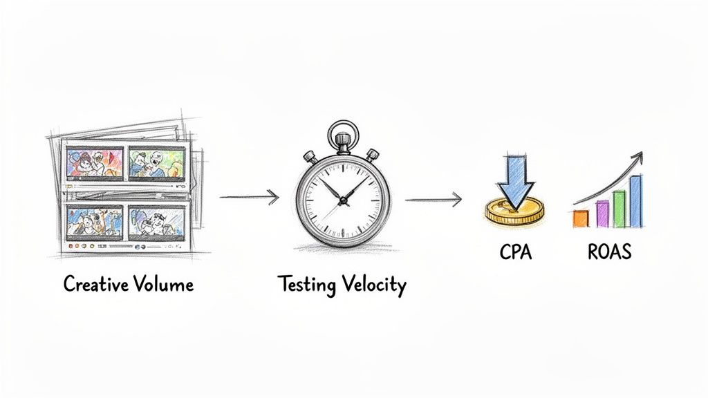 A diagram showing creative volume and testing velocity leading to lower CPA and higher ROAS.