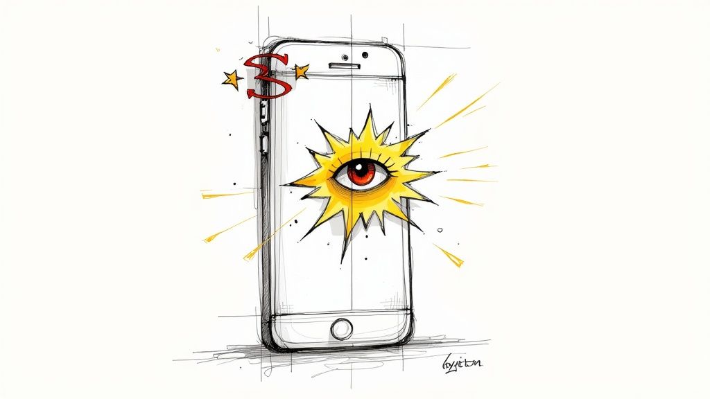 Smartphone illustration with glowing eye symbol and dollar sign representing social media monetization