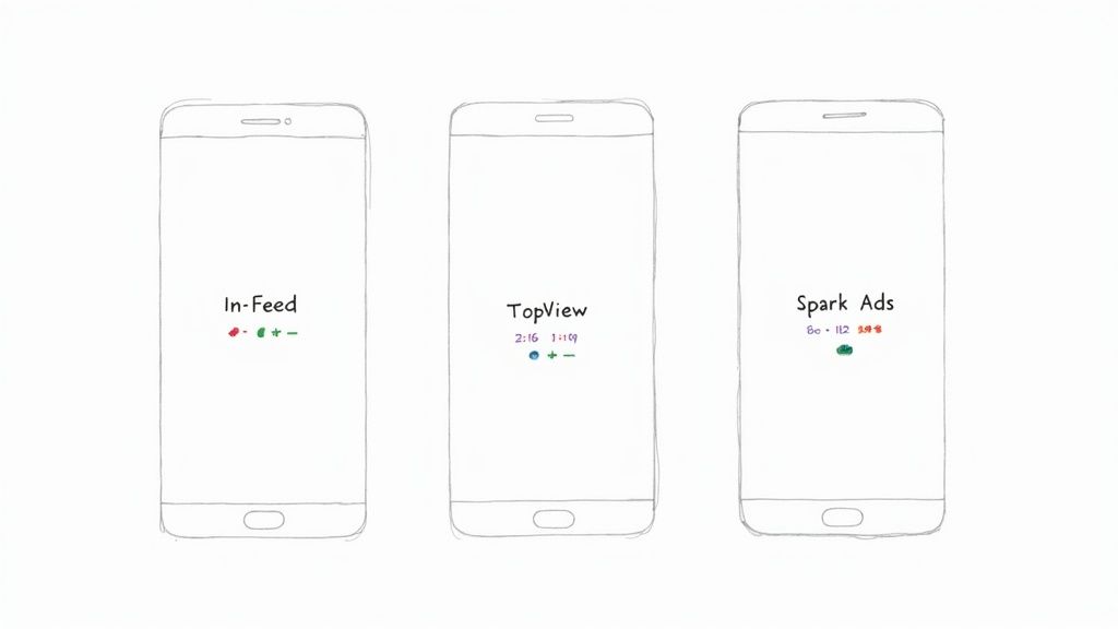 Three mobile phones displaying TikTok ad formats: In-Feed, TopView, and Spark Ads with details.