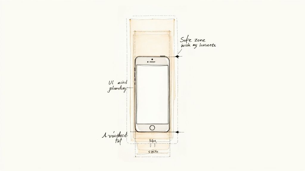 A hand-drawn sketch of a smartphone illustrating UI safe zones and layout considerations for app design.