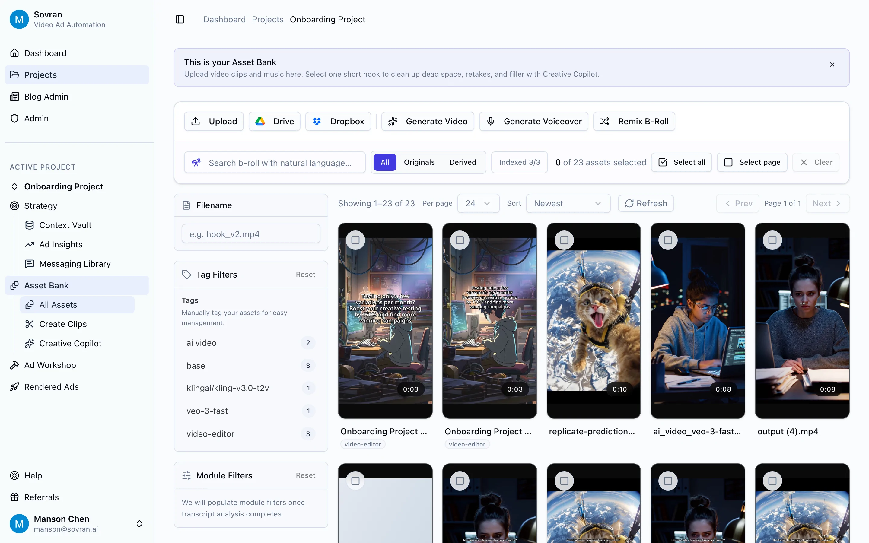 Asset Bank with reusable video assets, search, filters, and upload controls