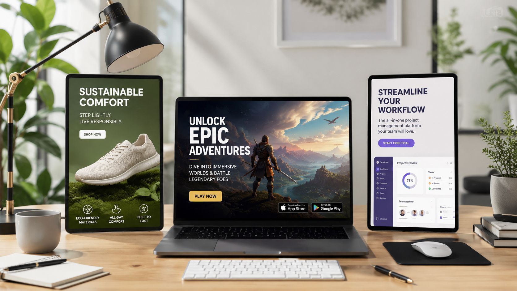 A wooden desk featuring a laptop, tablets, and a lamp displaying various product website landing pages.