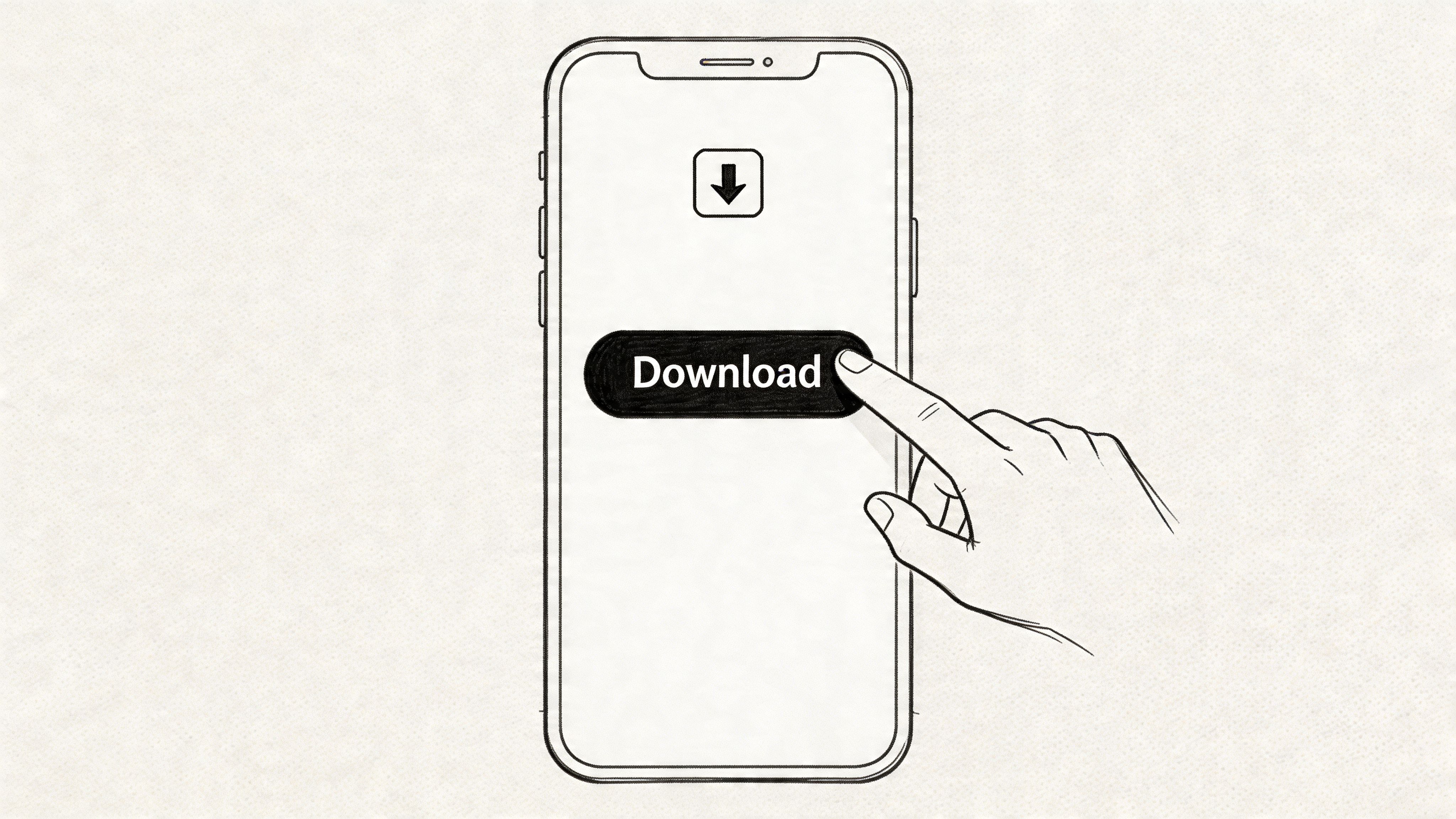 A hand pressing a black download button on a smartphone screen, illustrating a mobile call to action.