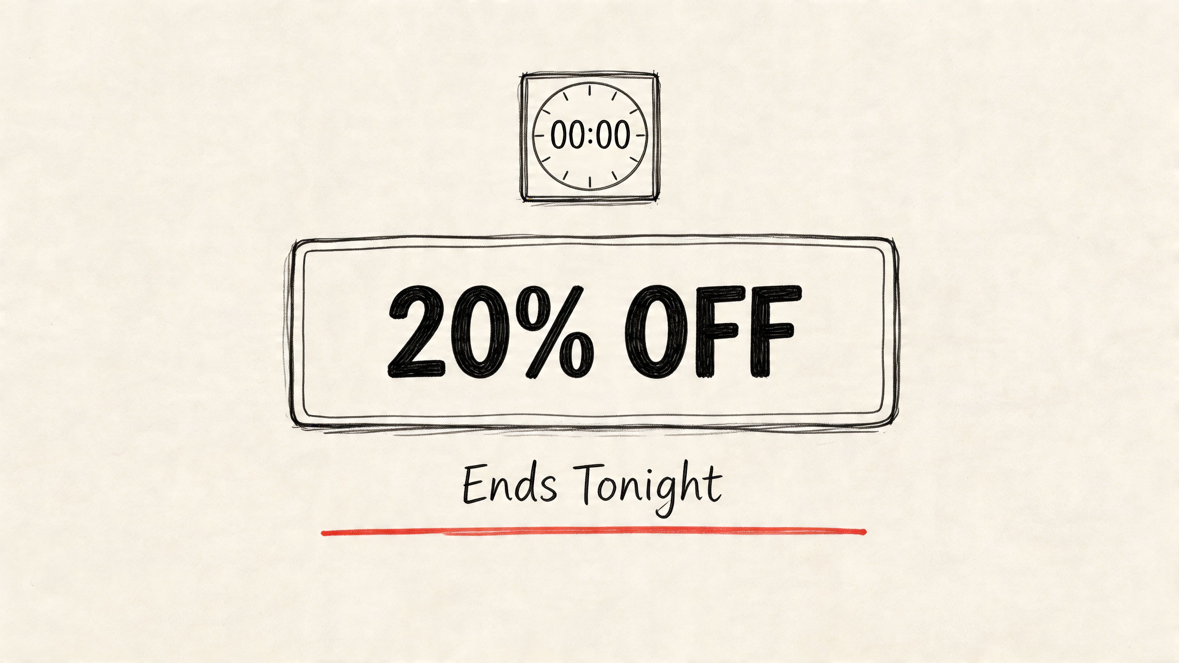 A hand-drawn illustration showing a clock displaying 00:00 and a 20% off discount sign ending tonight.