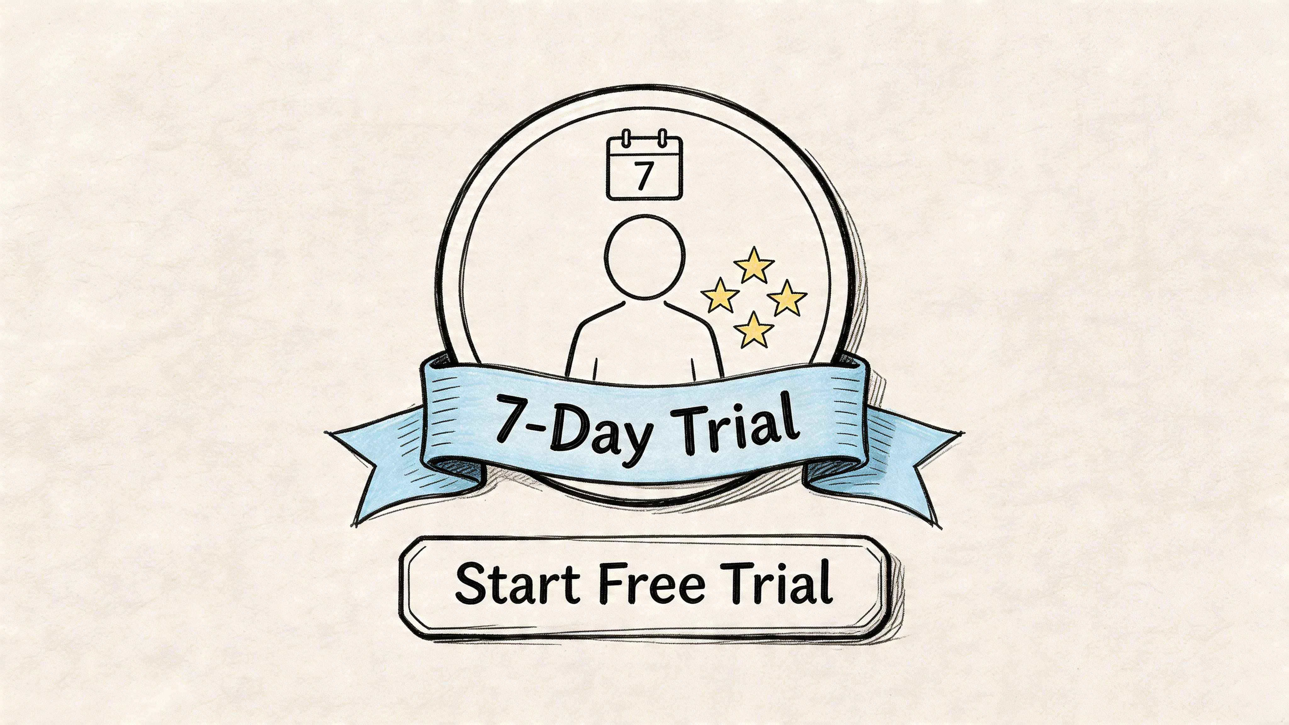 A hand-drawn style illustration featuring a 7-day trial badge with a person icon and a call to action button.