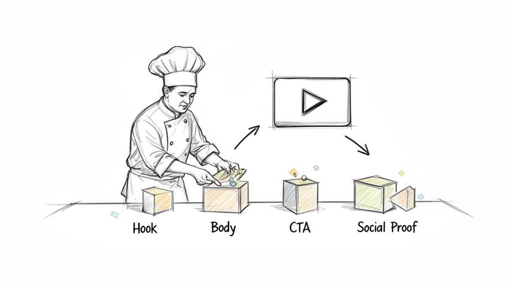 A chef creates a video ad, assembling components like hook, body, CTA, and social proof.
