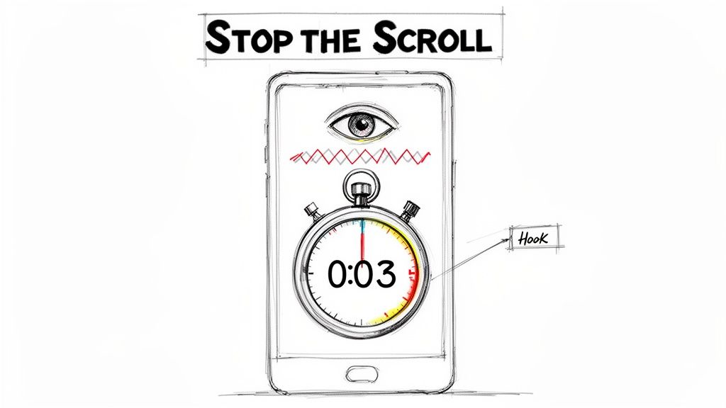 A sketch of a smartphone screen showing a stopwatch at 0:03, an eye icon, and text 'STOP THE SCROLL' with 'Hook' labeled.