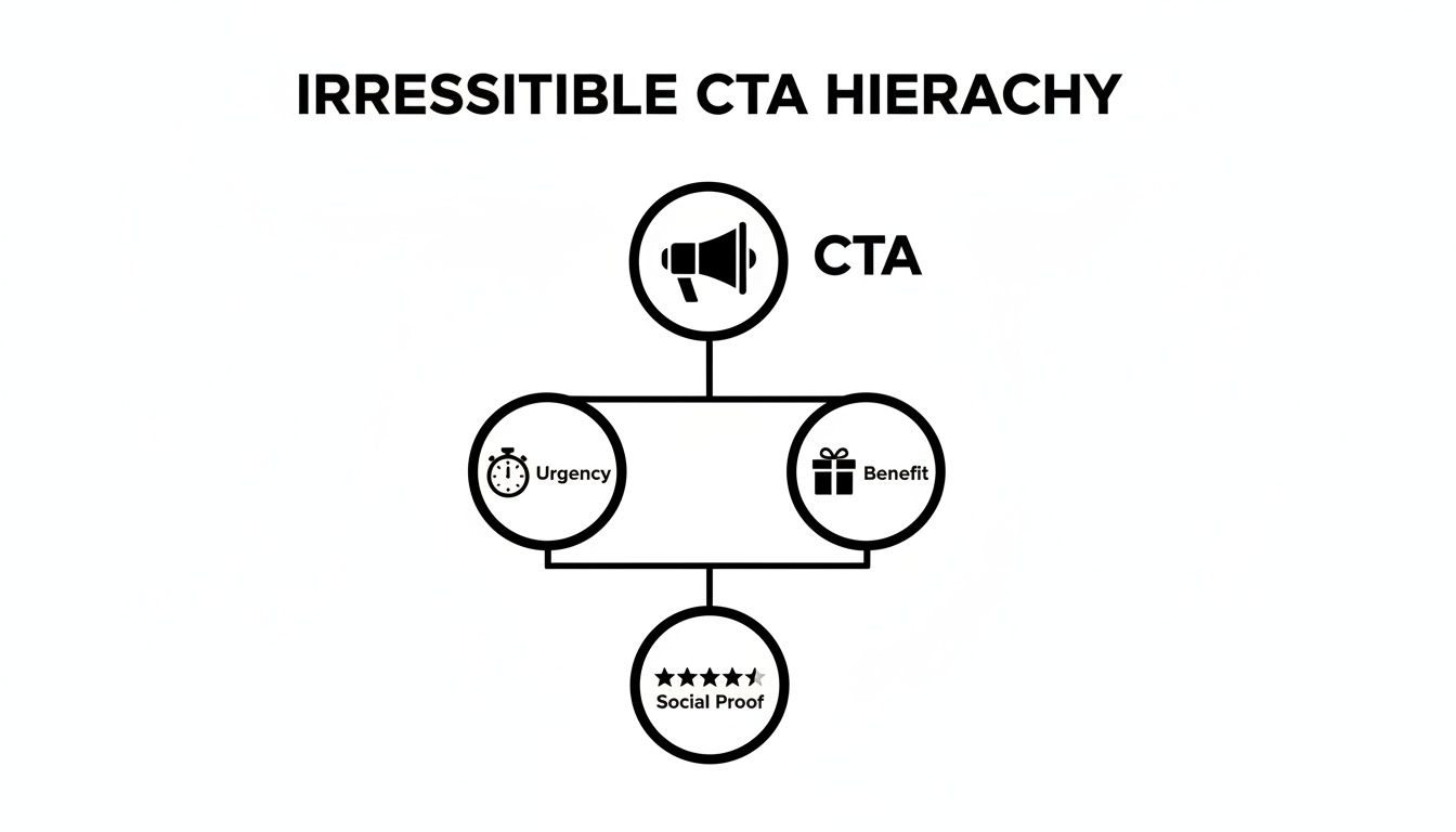 A diagram illustrating the irresistible CTA hierarchy: CTA, Urgency, Benefit, and Social Proof elements.