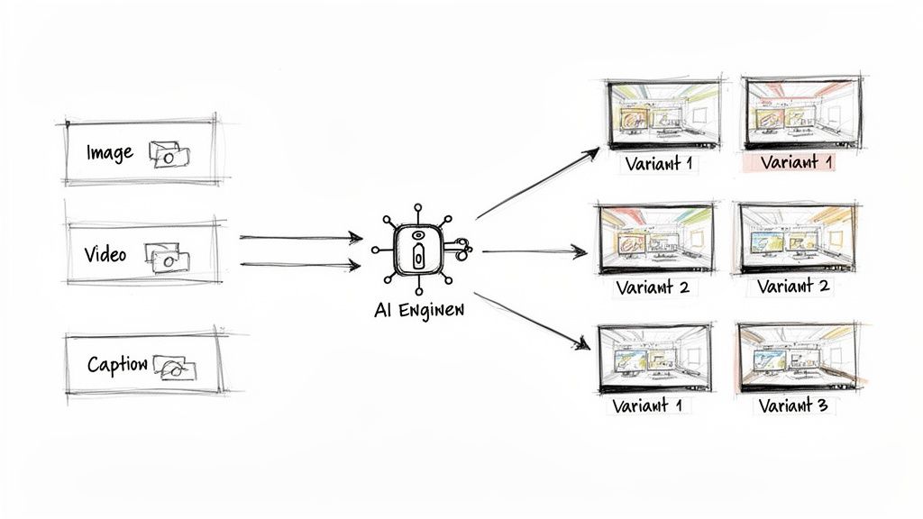 Diagram showing an AI engine processing image, video, and caption inputs to generate multiple visual variants.