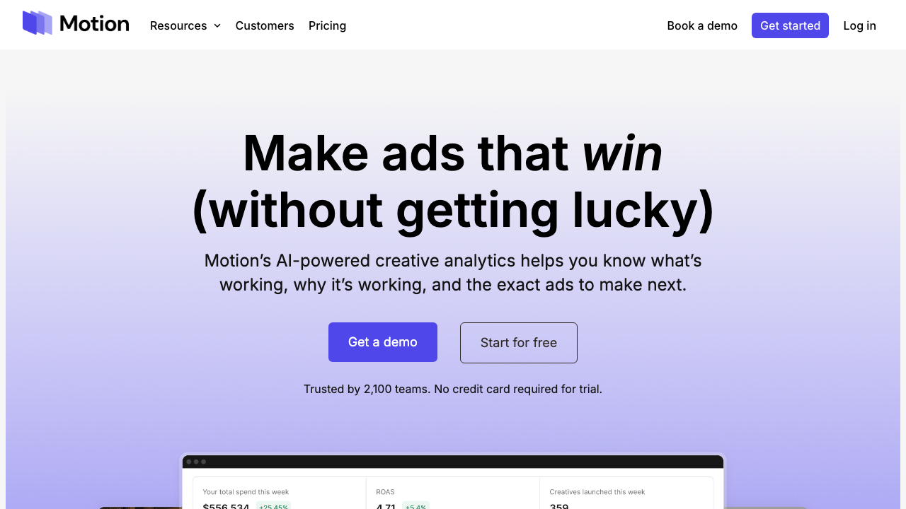 Motion homepage — creative analytics platform for ad performance