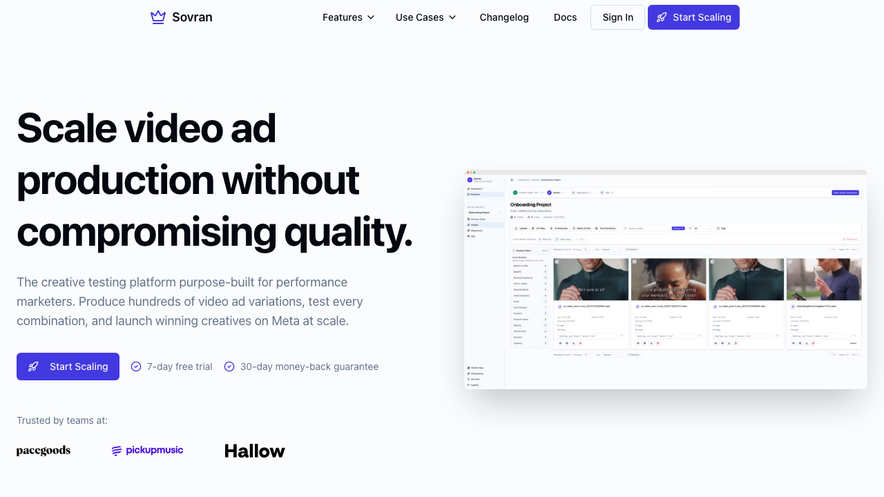 Sovran homepage — creative testing platform for video ads