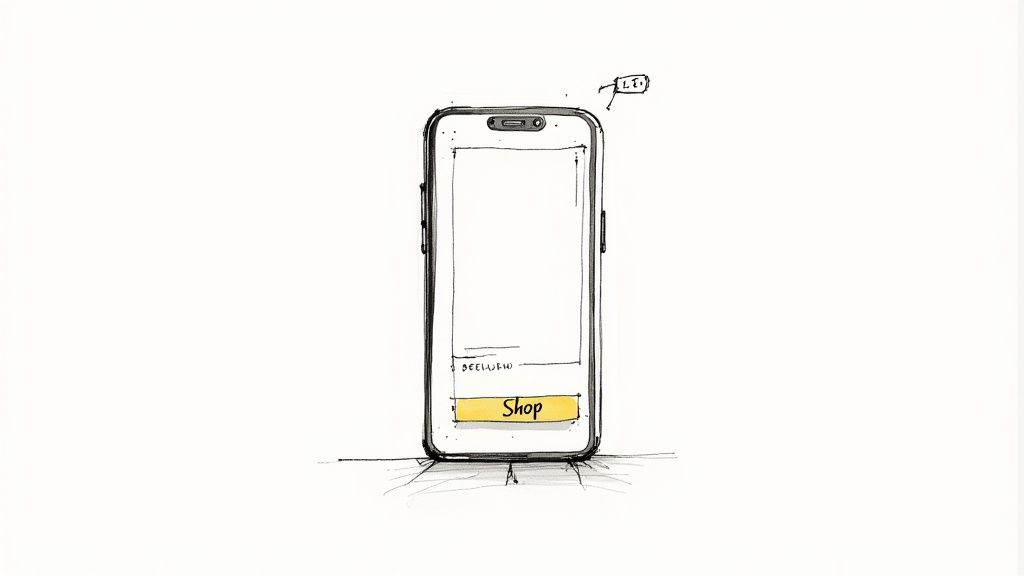 A hand-drawn sketch of a smartphone displaying a yellow 'Shop' button on its screen.