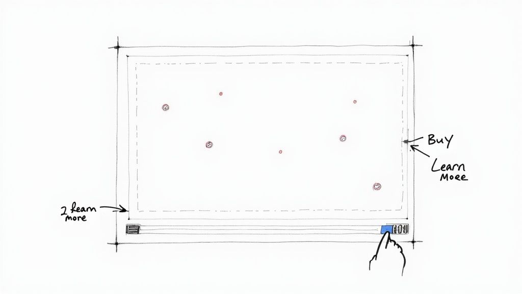 A hand-drawn sketch of an interactive video ad screen with clickable elements and calls to action.