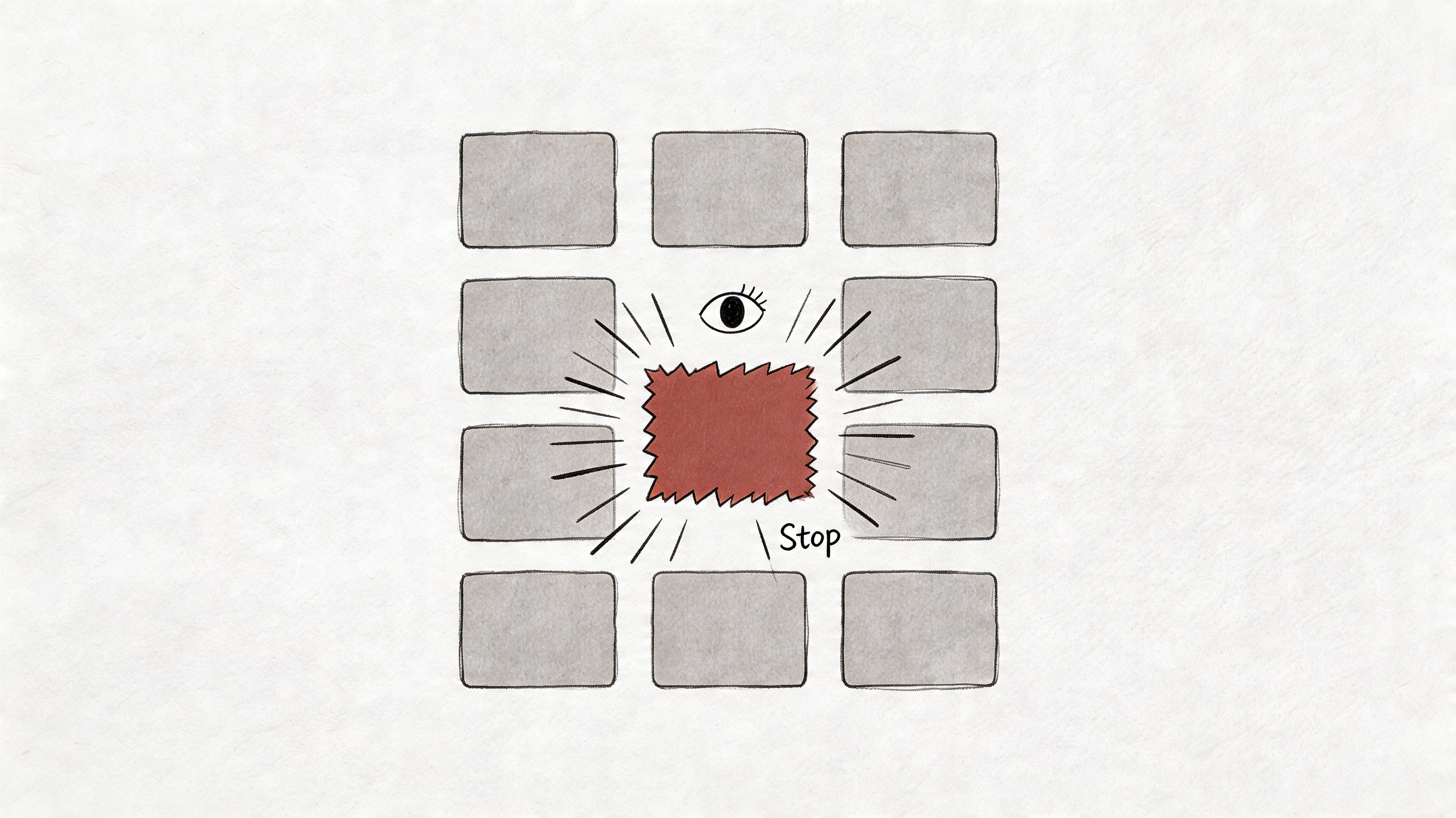 A conceptual illustration of an eye observing a highlighted red rectangle amidst gray blocks with a stop sign.
