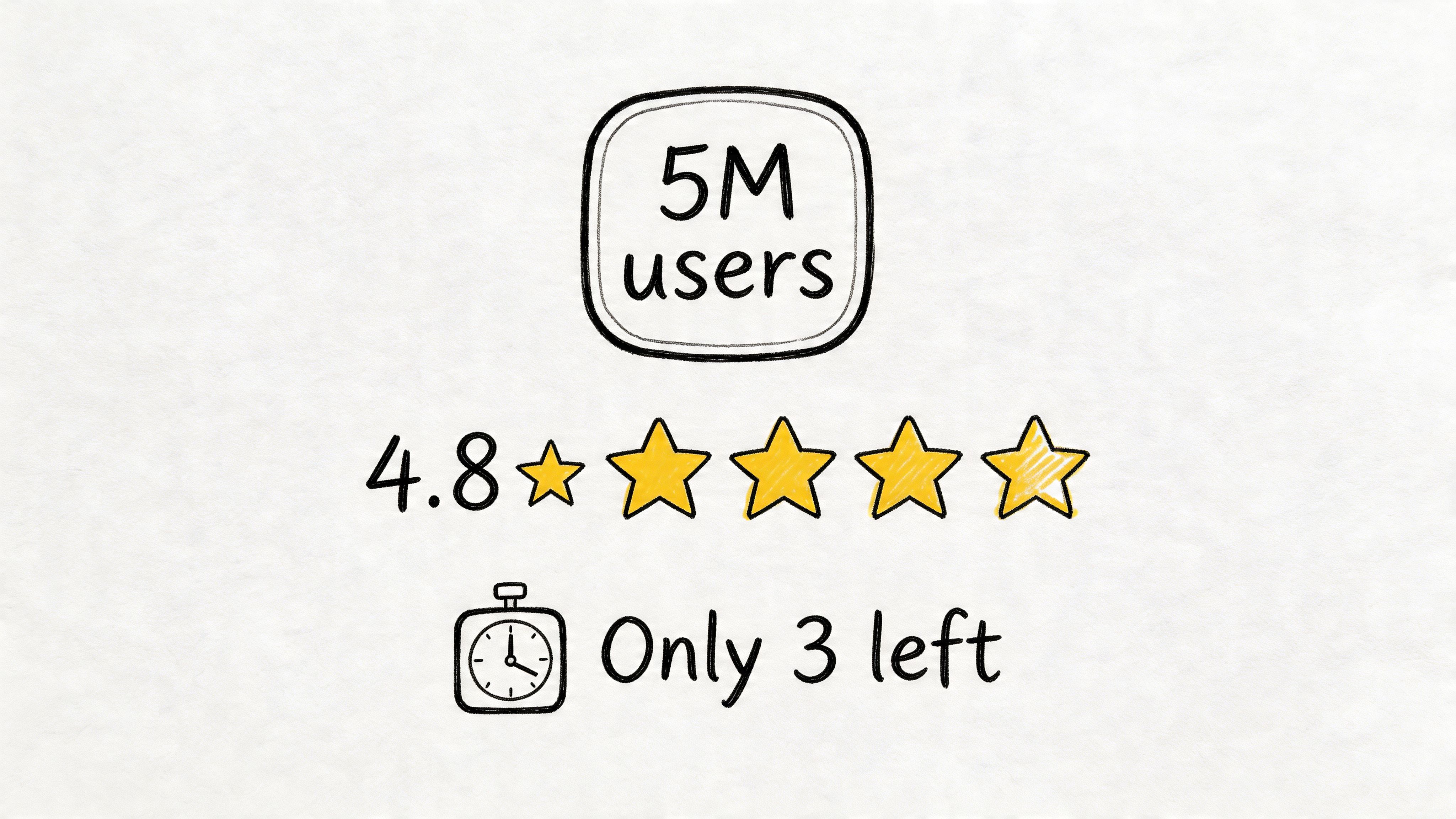 A hand-drawn graphic showing five million users, a four point eight star rating, and a timer.
