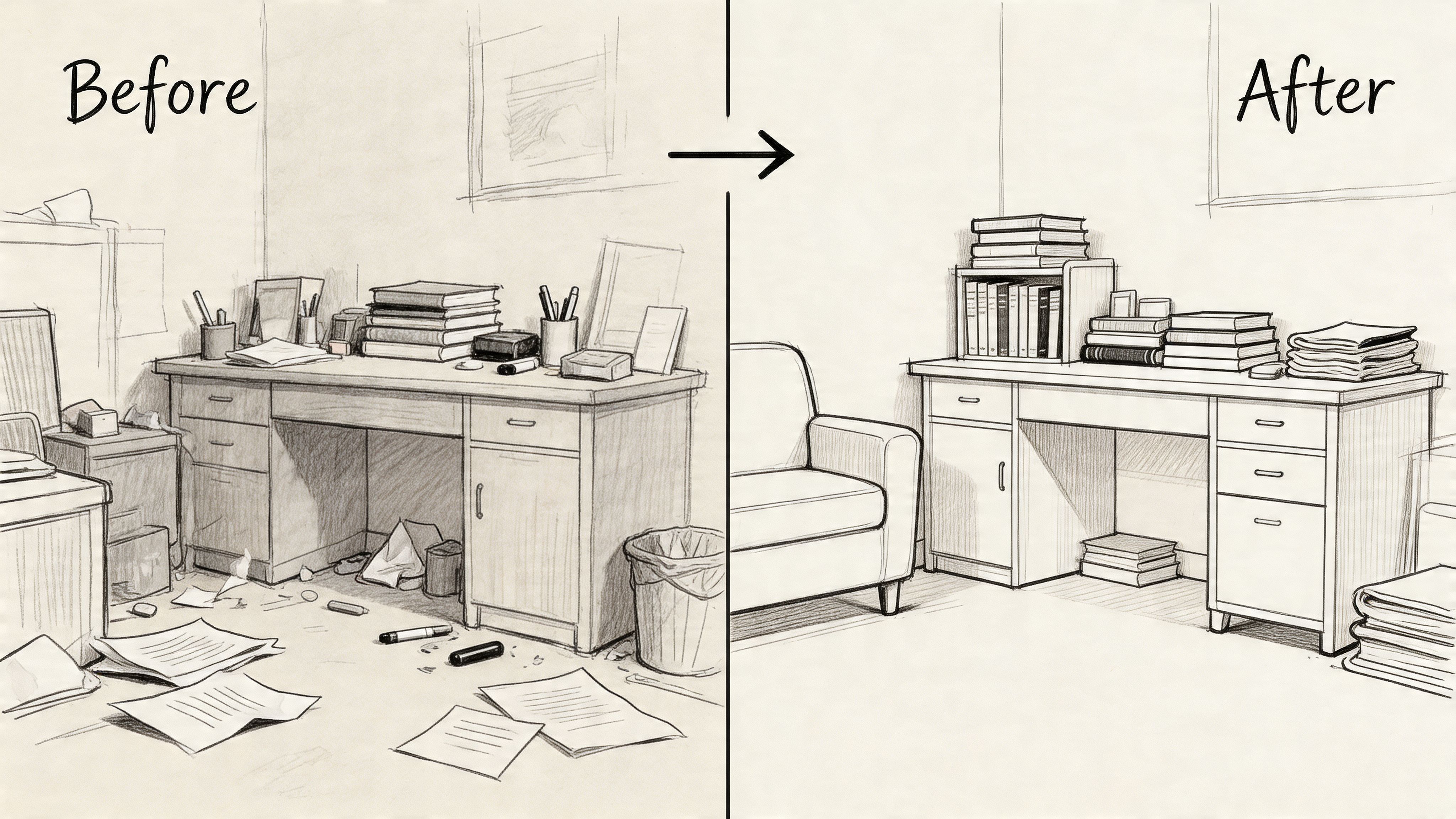 A line drawing comparison showing a messy office desk before and a clean organized workspace after.