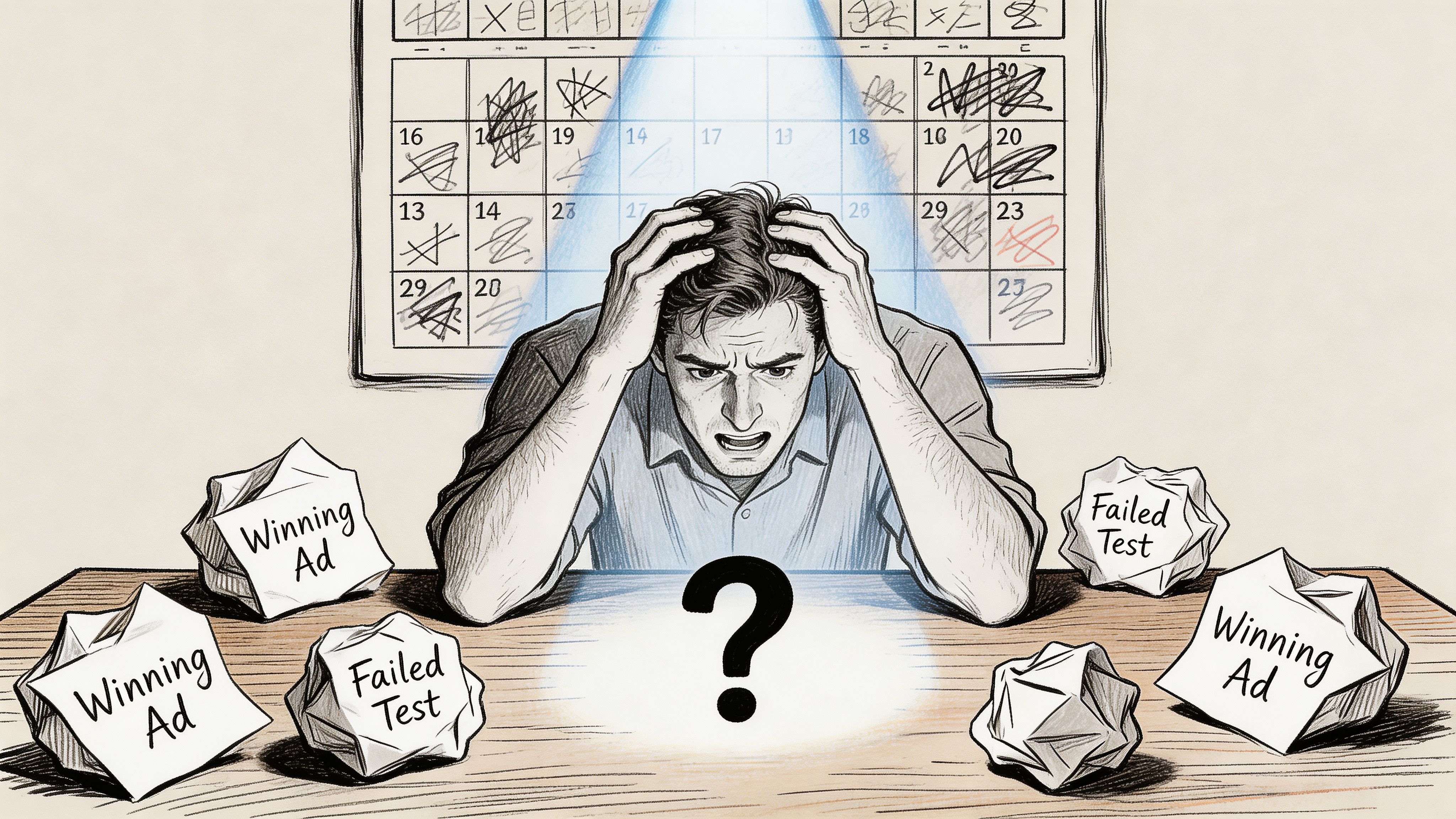 A frustrated marketer sits at a desk with crumpled papers labeled winning ad and failed test