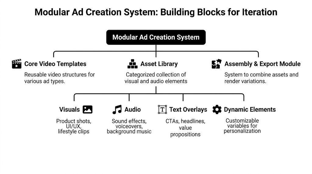 A diagram illustrating a modular ad creation system with core templates, an asset library, and assembly modules.