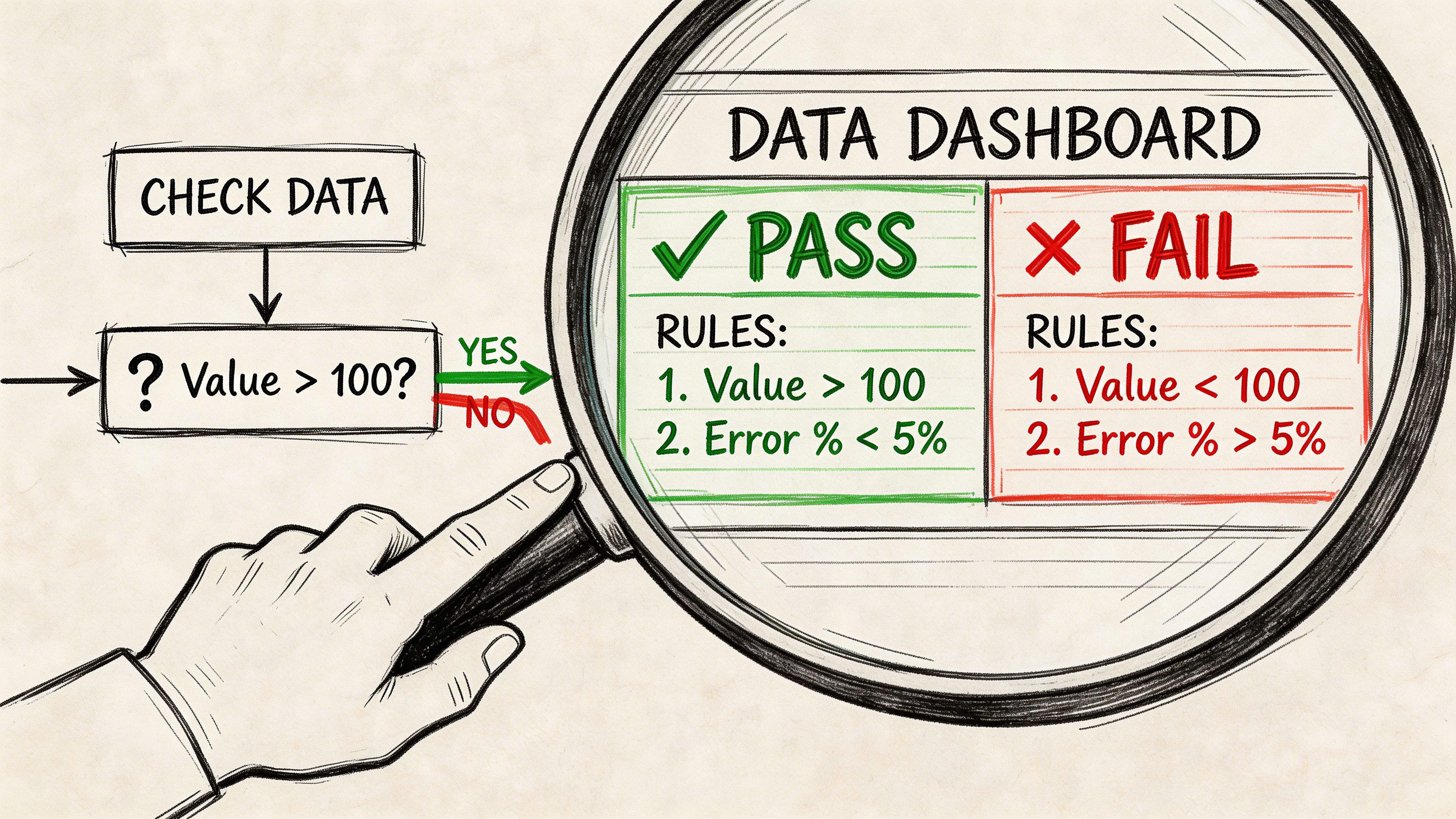 A hand holding a magnifying glass over a hand-drawn data dashboard flowchart illustrating pass and fail rules.