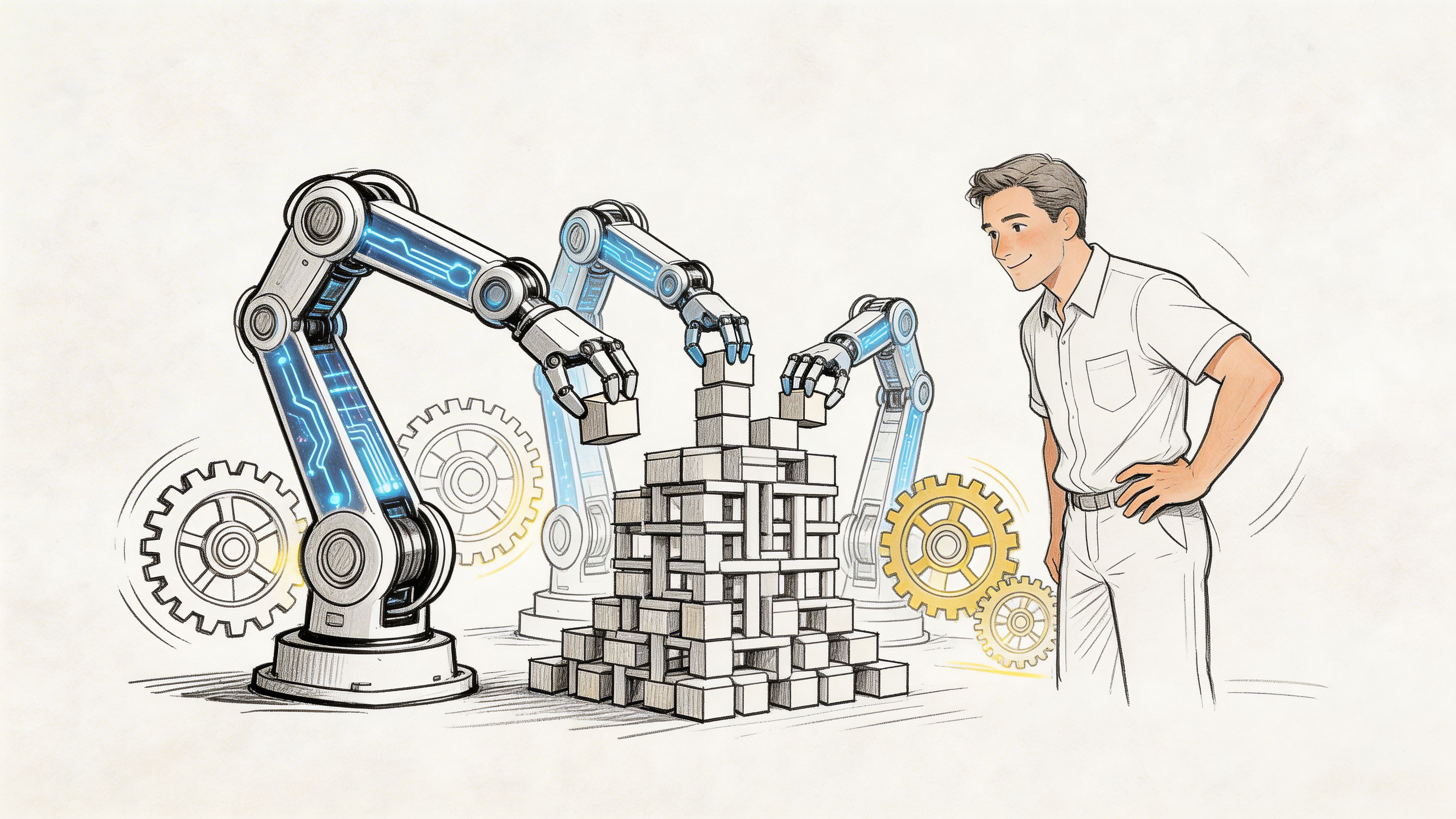 A man observing three robotic arms building a complex structure from many small white square blocks.