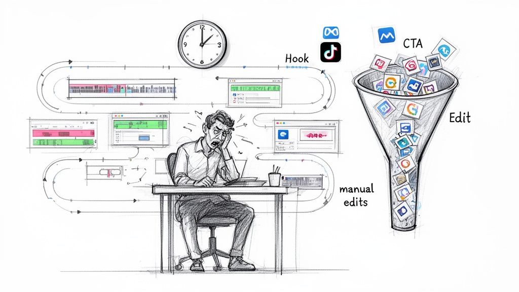 Stressed person editing video ads for social media with a complex manual workflow.