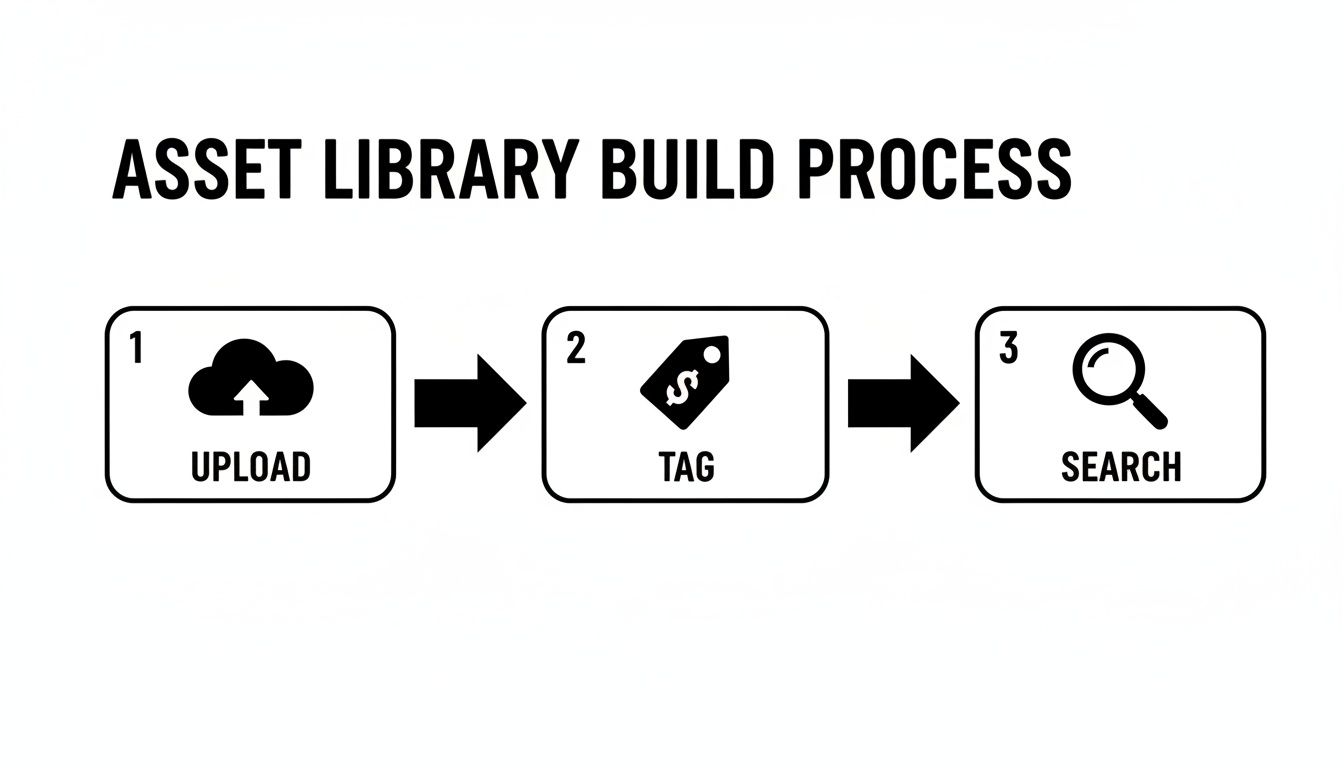 Flowchart showing the asset library build process: 1. Upload, 2. Tag, 3. Search for digital assets.